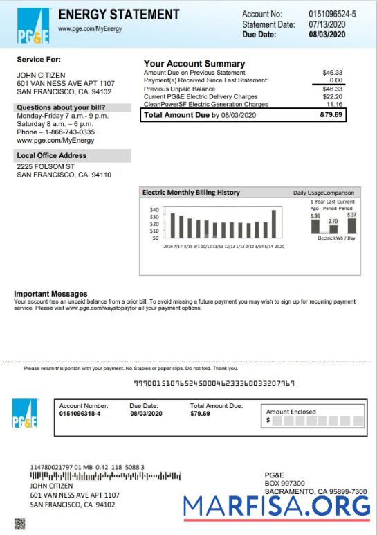 Printable USA California PG&E electricity utility bill template in Word and PDF format